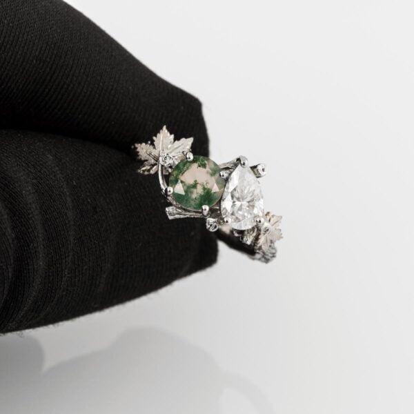 Moi et Toi White Gold Leaves Engagement Ring, Green Moss-Agate and Pear Diamond Catalogue