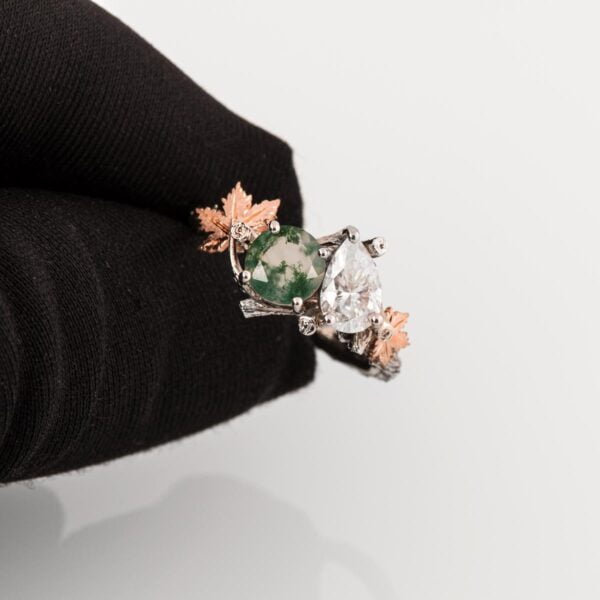 Moi et Toi Rose Gold Leaves Engagement Ring, Green Moss-Agate and Pear Moissanite Catalogue