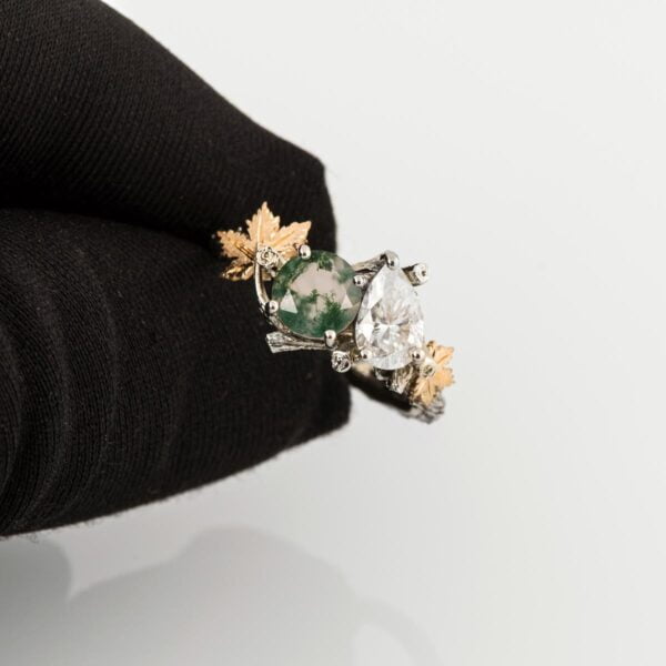 Moi et Toi Yellow Gold Leaves Engagement Ring, Green Moss-Agate and Pear Moissanite Catalogue