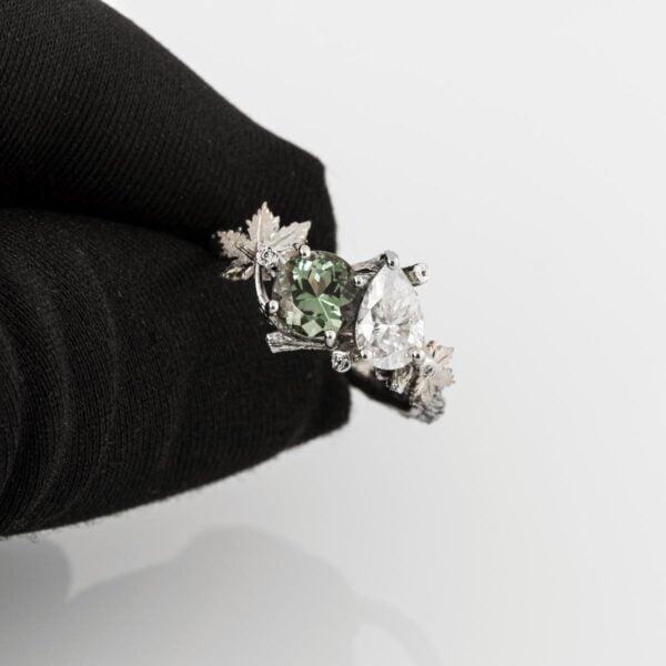 Moi et Toi White Gold Leaves Engagement Ring, Mint Tourmaline and Pear Diamond Catalogue