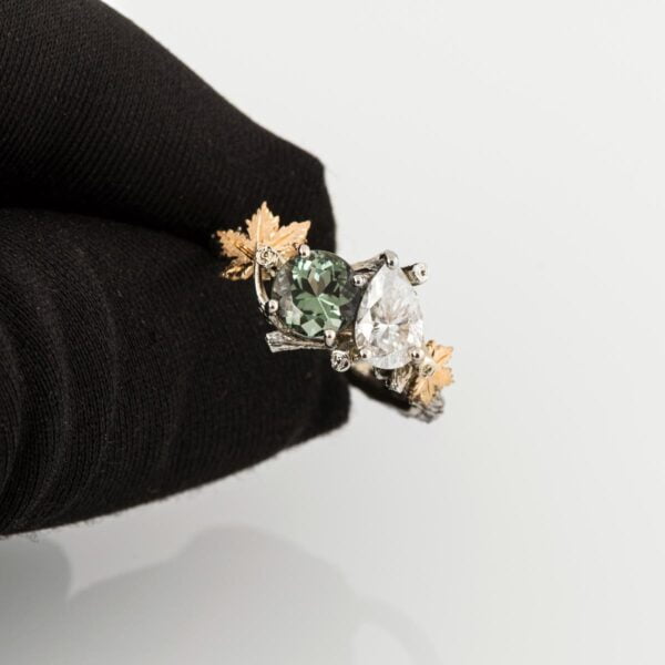 Moi et Toi Yellow Gold Leaves Engagement Ring, Mint Tourmaline and Pear Moissanite Catalogue