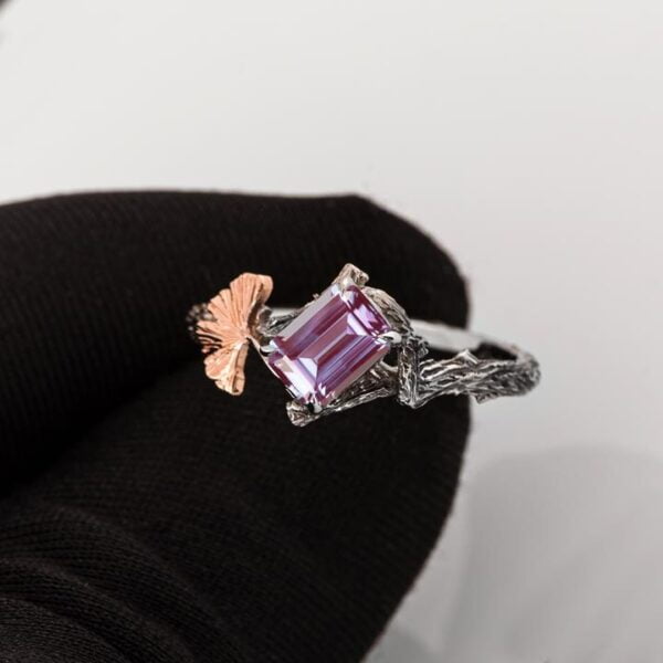 Twig and Ginkgo Leaf Engagement Ring Platinum and Alexandrite Catalogue