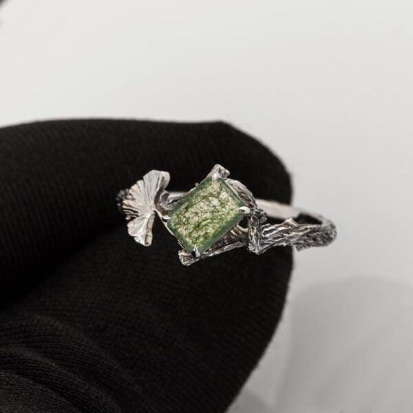 Twig and Ginkgo Leaf Engagement Ring White Gold and Moss Agate Catalogue
