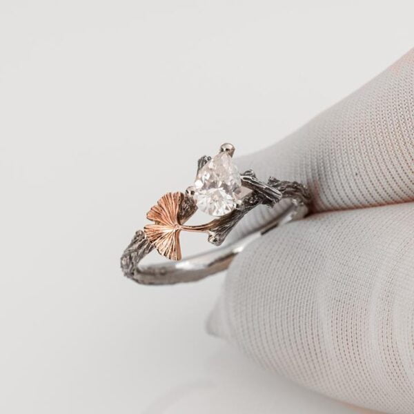 Twig and Ginkgo Leaf Engagement Ring Platinum and Moissanite Catalogue
