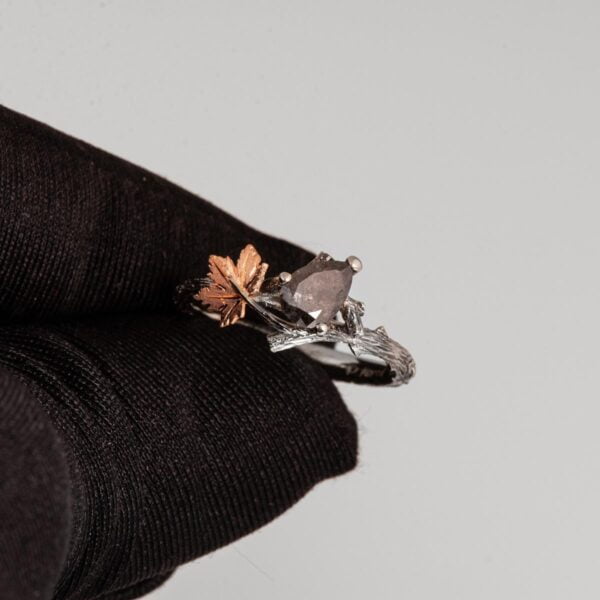 Twig and Maple Leaf Engagement Ring Platinum and Rustic Salt & Pepper Diamond Catalogue