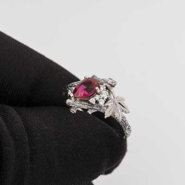 Maple Leaf Ruby and Diamonds Cluster Engagement Ring White Gold Catalogue