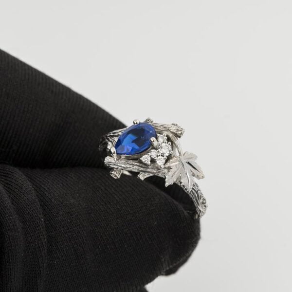 Maple Leaf Sapphire and Diamonds Cluster Engagement Ring White Gold Catalogue
