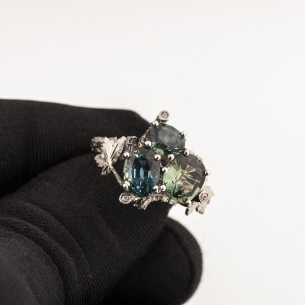 Maple Leaf Teal Sapphires Cluster Engagement Ring White Gold Catalogue