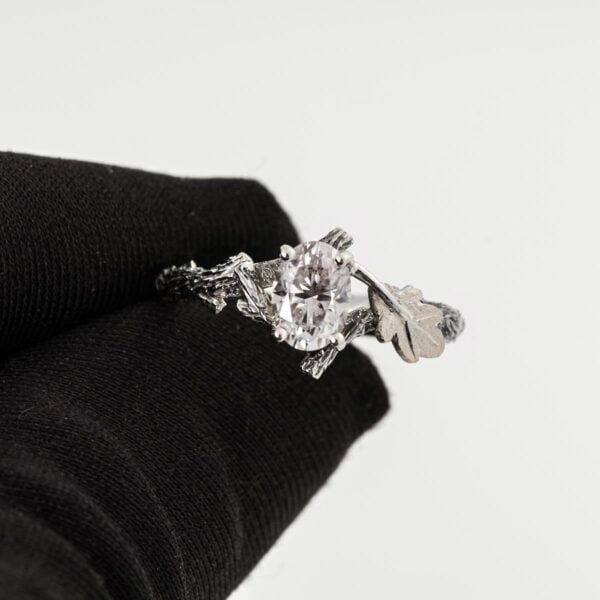 Twig and Oak Leaf Engagement Ring White Gold and Oval Moissanite Catalogue