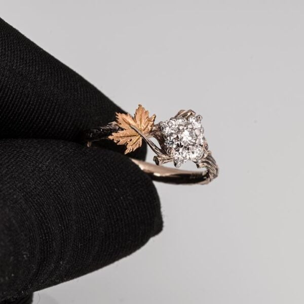 Twig and Maple Leaf Diamond Cluster Engagement Ring White and Rose Gold Catalogue