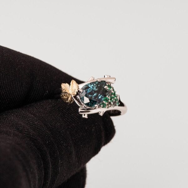 Vine Leaf Teal Sapphire and Emeralds Cluster Engagement Ring Yellow Gold Catalogue