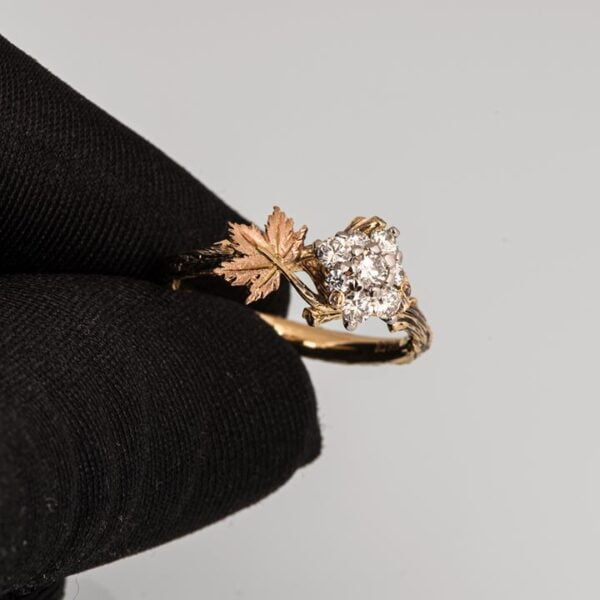 Twig and Maple Leaf Diamond Cluster Engagement Ring Yellow and Rose Gold Catalogue