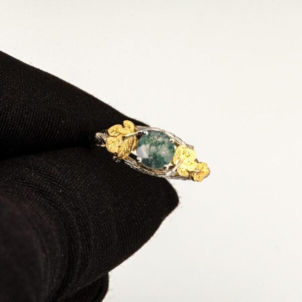 Moss Agate Twig and Fig Leaves Engagement Ring Yellow Gold Catalogue