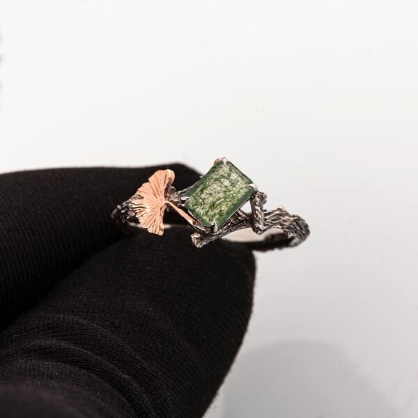 Twig and Ginkgo Leaf Engagement Ring Rose Gold and Green Moss Agate Catalogue