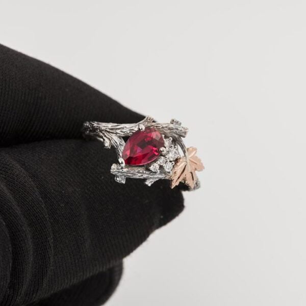 Maple Leaf Ruby and Diamonds Cluster Engagement Ring Platinum and Rose Gold Catalogue