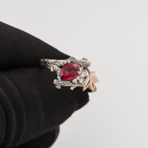 Maple Leaf Ruby and Diamonds Cluster Engagement Ring Rose Gold Catalogue