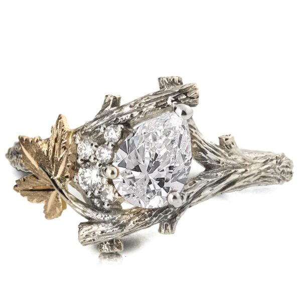 Solid Gold Twig and Leaf Pear Moissanite Cluster Engagement Ring Catalogue
