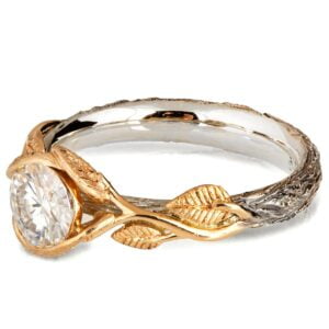 טבעת עלים עשויה זהב צהוב ומשובצת מואסניט – Leaves #10 טבעות אירוסין