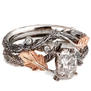 Platinum and Rose Gold Twig and Oak Leaf Bridal Set With Oval Moissanite Catalogue