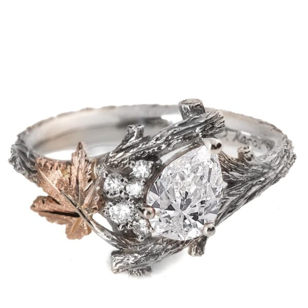 Platinum and Rose Gold Twig and Leaf Pear Moissanite Cluster Engagement Ring Catalogue
