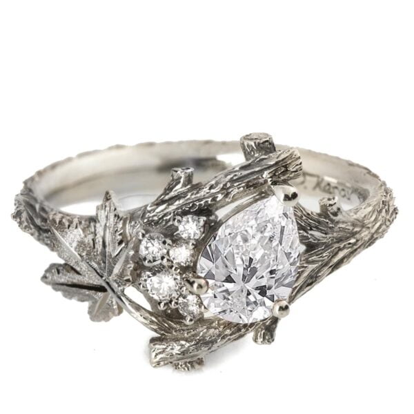 White Gold Twig and Leaf Pear Moissanite Cluster Engagement Ring Catalogue