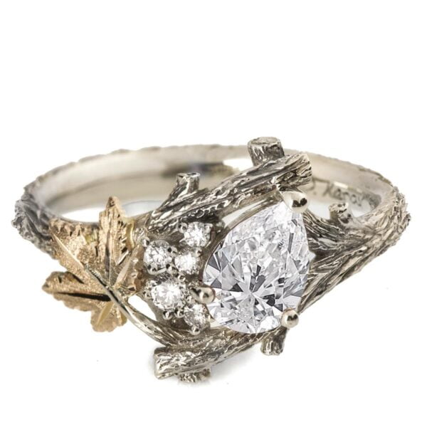 Solid Gold Twig and Leaf Pear Moissanite Cluster Engagement Ring Catalogue
