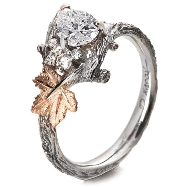 Platinum and Rose Gold Twig and Leaf Pear Moissanite Cluster Engagement Ring Catalogue
