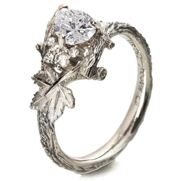 White Gold Twig and Leaf Pear Moissanite Cluster Engagement Ring Catalogue