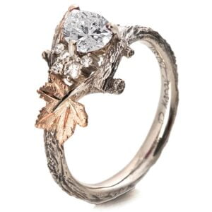 Rose Gold Twig and Leaf Pear Moissanite Cluster Engagement Ring Catalogue