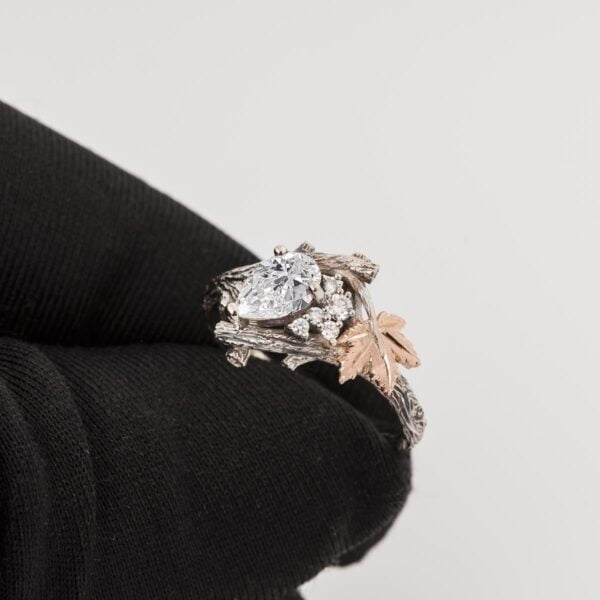 Rose Gold Twig and Leaf Pear Moissanite Cluster Engagement Ring Catalogue