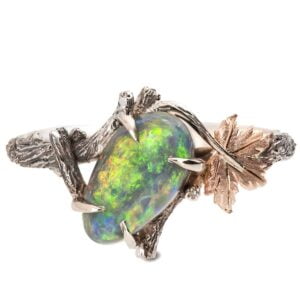 Twig and Maple Leaf Black Opal Platinum and Rose Gold Ring Catalogue
