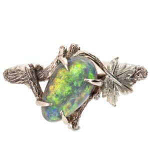Twig and Maple Leaf Black Opal White Gold Ring Catalogue