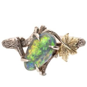 Twig and Maple Leaf Black Opal Yellow Gold Ring Catalogue