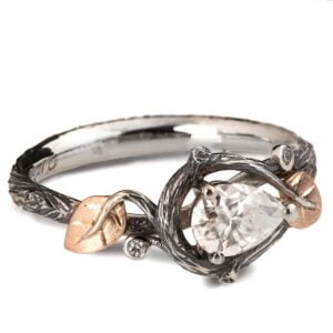 Platinum and Rose Gold Twig and Leaves Pear Diamond Engagement Ring Catalogue