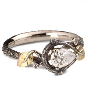Solid Gold Twig and Leaves Pear Moissanite Engagement Ring Catalogue