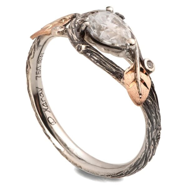 Rose Gold Twig and Leaves Pear Moissanite Engagement Ring Catalogue