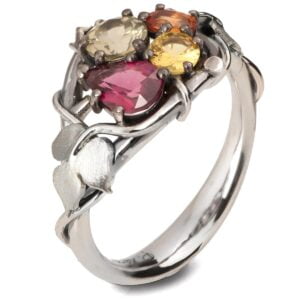 White Gold Multi-Stone Twig and Leaf Engagement Ring with a Cluster of Ruby and Sapphires Catalogue