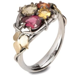 Gold Multi-Stone Twig and Leaf Engagement Ring with a Cluster of Ruby and Sapphires Catalogue