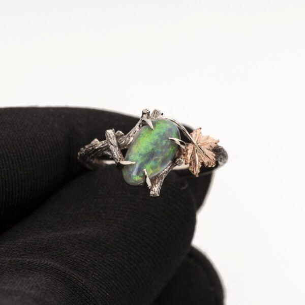 Twig and Maple Leaf Black Opal Rose Gold Ring Catalogue