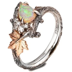 Platinum and Rose Gold Twig and Maple Leaf Pear-Cut Opal and Diamonds Cluster Engagement Ring Catalogue