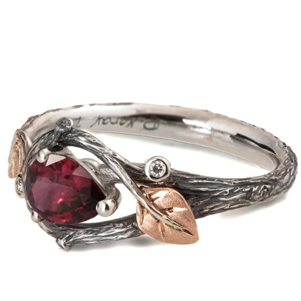 Platinum and Rose Gold Twig and Leaves Engagement Ring and Ruby Catalogue