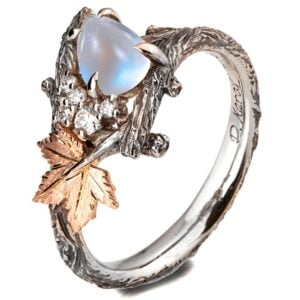 Platinum and Rose Gold Twig and Maple Leaf Pear-Cut Moonstone and Diamonds Cluster Engagement Ring Catalogue