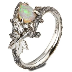 White Gold Twig and Maple Leaf Pear-Cut Opal and Diamonds Cluster Engagement Ring Catalogue