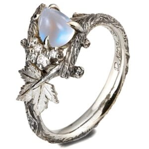 White Gold Twig and Maple Leaf Pear-Cut Moonstone and Diamonds Cluster Engagement Ring Catalogue