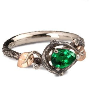 Black and Rose Gold Twig and Leaves Pear Cut Emerald Engagament Ring Catalogue