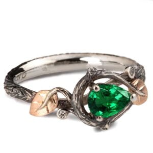 Platinum and Rose Gold Twig and Leaves Pear Cut Emerald Engagament Ring Catalogue