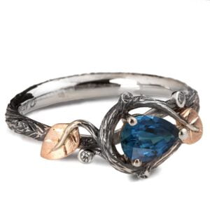 Platinum and Rose Gold Twig and Leaves Pear Cut Teal Sapphire Engagament Ring Catalogue