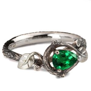 Black and White Gold Twig and Leaves Pear Cut Emerald Engagament Ring Catalogue