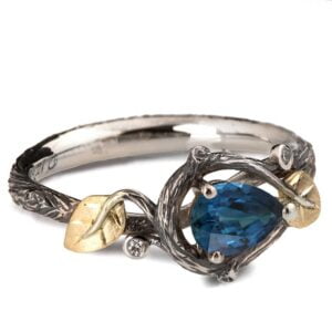Black and Gold Twig and Leaves Pear Cut Teal Sapphire Engagament Ring Catalogue