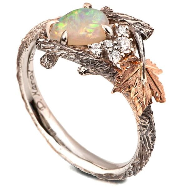 Rose Gold Twig and Maple Leaf Pear-Cut Opal and Diamonds Cluster Engagement Ring Catalogue